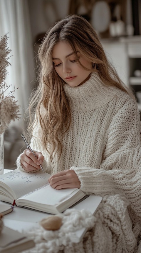 Woman’s Hands Writing on an Open Notebook on a White Desk – Cozy Feminine Blogger Aesthetic (243)