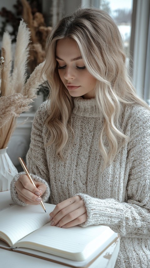 Woman’s Hands Writing on an Open Notebook on a White Desk – Cozy Feminine Blogger Aesthetic (253)