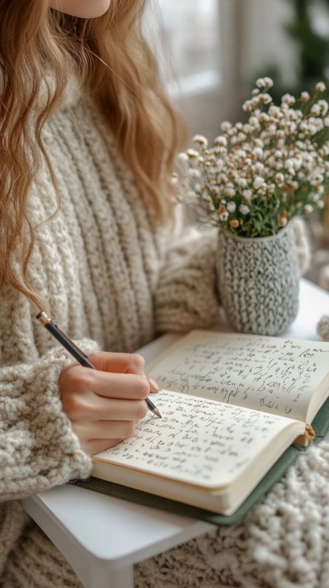 Woman’s Hands Writing on an Open Notebook on a White Desk – Cozy Feminine Blogger Aesthetic (308)