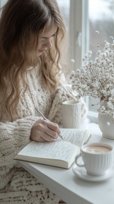 Woman’s Hands Writing on an Open Notebook on a White Desk – Cozy Feminine Blogger Aesthetic (291)