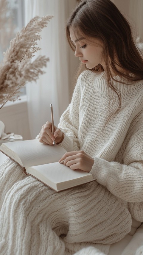 Woman’s Hands Writing on an Open Notebook on a White Desk – Cozy Feminine Blogger Aesthetic (313)