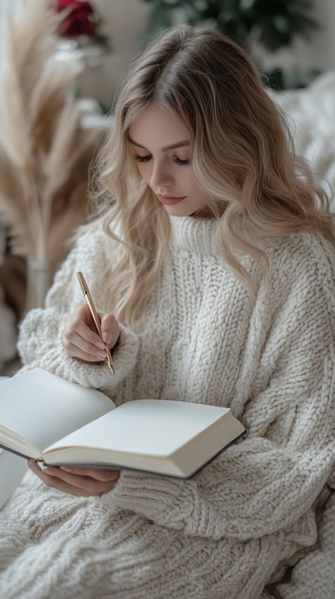 Woman’s Hands Writing on an Open Notebook on a White Desk – Cozy Feminine Blogger Aesthetic (319)