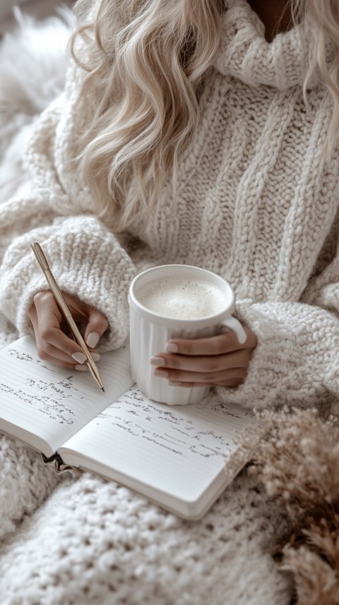 Woman’s Hands Writing on an Open Notebook on a White Desk – Cozy Feminine Blogger Aesthetic (296)