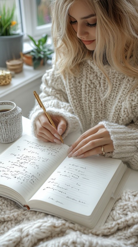 Woman’s Hands Writing on an Open Notebook on a White Desk – Cozy Feminine Blogger Aesthetic (294)