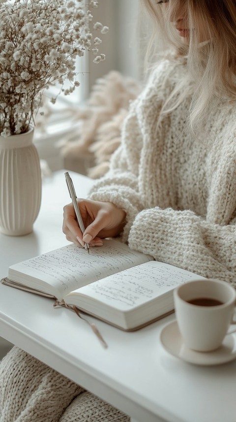 Woman’s Hands Writing on an Open Notebook on a White Desk – Cozy Feminine Blogger Aesthetic (302)