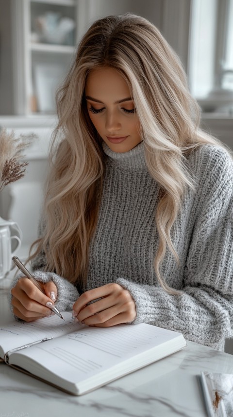 Woman’s Hands Writing on an Open Notebook on a White Desk – Cozy Feminine Blogger Aesthetic (303)