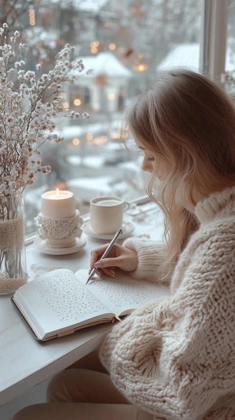 Woman’s Hands Writing on an Open Notebook on a White Desk – Cozy Feminine Blogger Aesthetic (314)