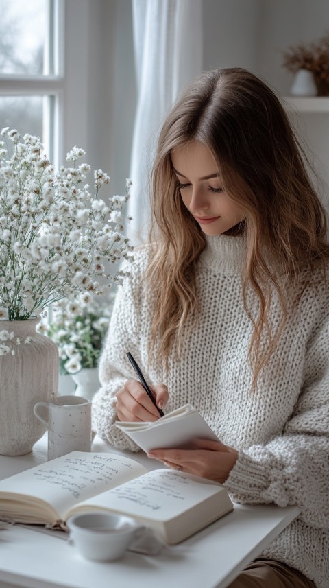 Woman’s Hands Writing on an Open Notebook on a White Desk – Cozy Feminine Blogger Aesthetic (309)