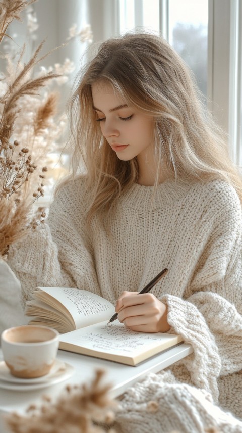 Woman’s Hands Writing on an Open Notebook on a White Desk – Cozy Feminine Blogger Aesthetic (331)