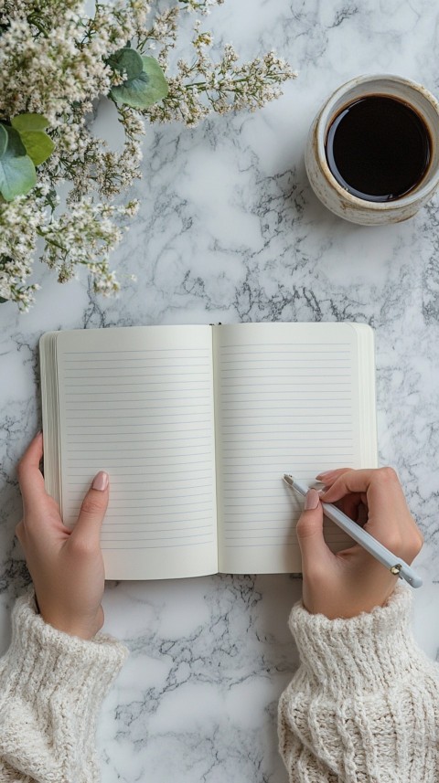 Woman’s Hands Writing on an Open Notebook on a White Desk – Cozy Feminine Blogger Aesthetic (335)