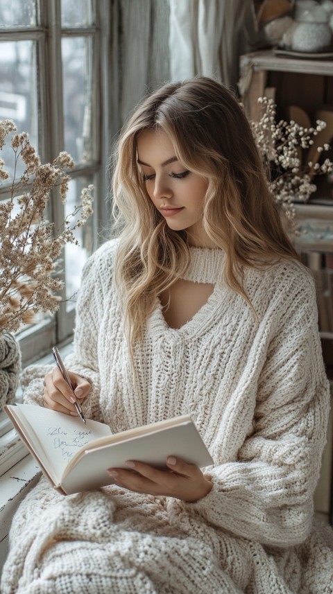 Woman’s Hands Writing on an Open Notebook on a White Desk – Cozy Feminine Blogger Aesthetic (301)