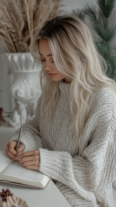 Woman’s Hands Writing on an Open Notebook on a White Desk – Cozy Feminine Blogger Aesthetic (316)