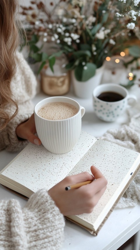 Woman’s Hands Writing on an Open Notebook on a White Desk – Cozy Feminine Blogger Aesthetic (374)