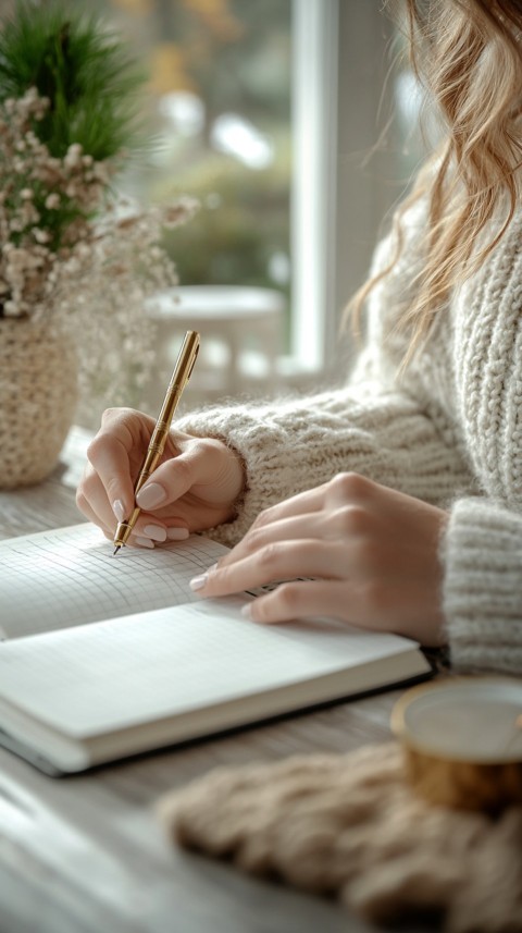 Woman’s Hands Writing on an Open Notebook on a White Desk – Cozy Feminine Blogger Aesthetic (382)