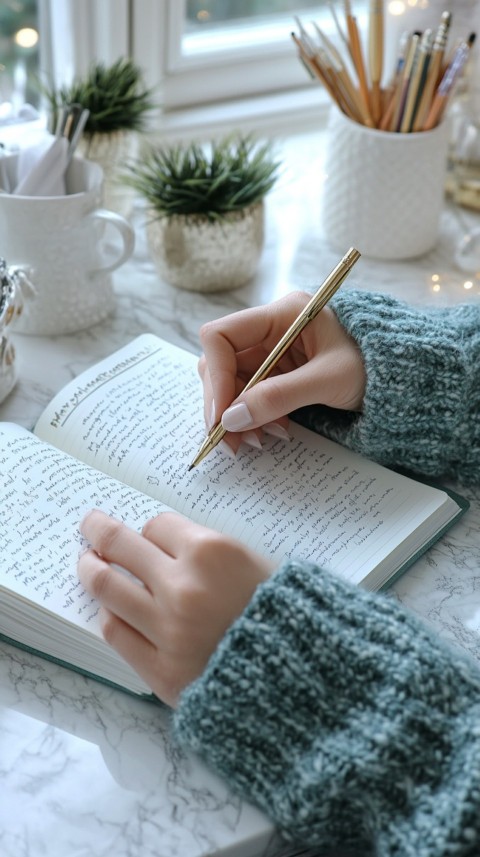 Woman’s Hands Writing on an Open Notebook on a White Desk – Cozy Feminine Blogger Aesthetic (384)