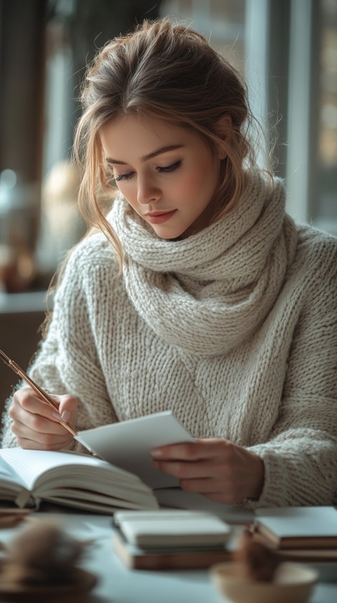 Woman’s Hands Writing on an Open Notebook on a White Desk – Cozy Feminine Blogger Aesthetic (354)