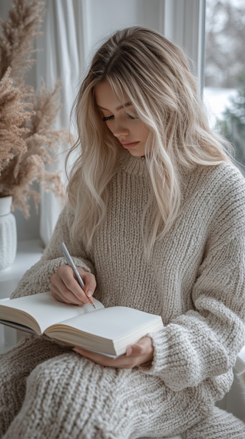 Woman’s Hands Writing on an Open Notebook on a White Desk – Cozy Feminine Blogger Aesthetic (399)