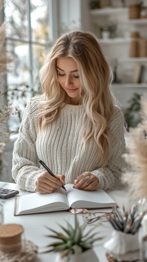 Woman’s Hands Writing on an Open Notebook on a White Desk – Cozy Feminine Blogger Aesthetic (397)