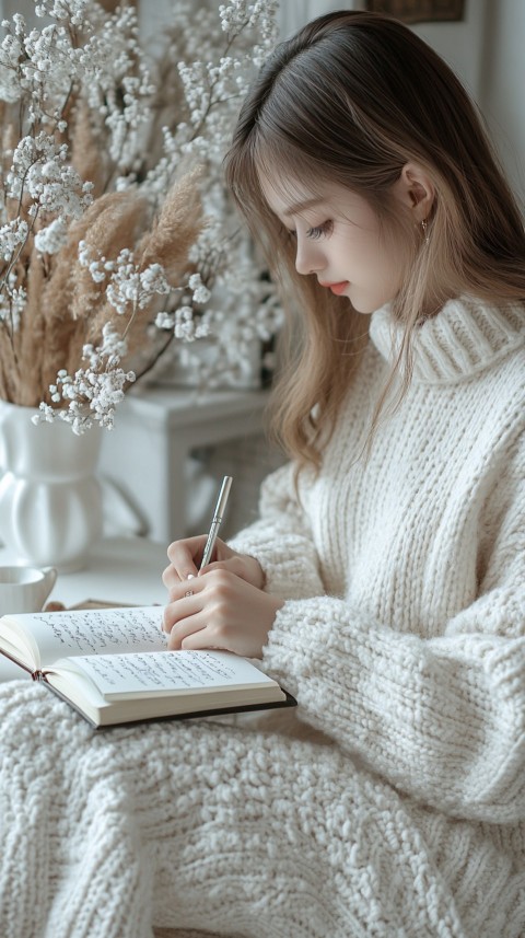 Woman’s Hands Writing on an Open Notebook on a White Desk – Cozy Feminine Blogger Aesthetic (366)