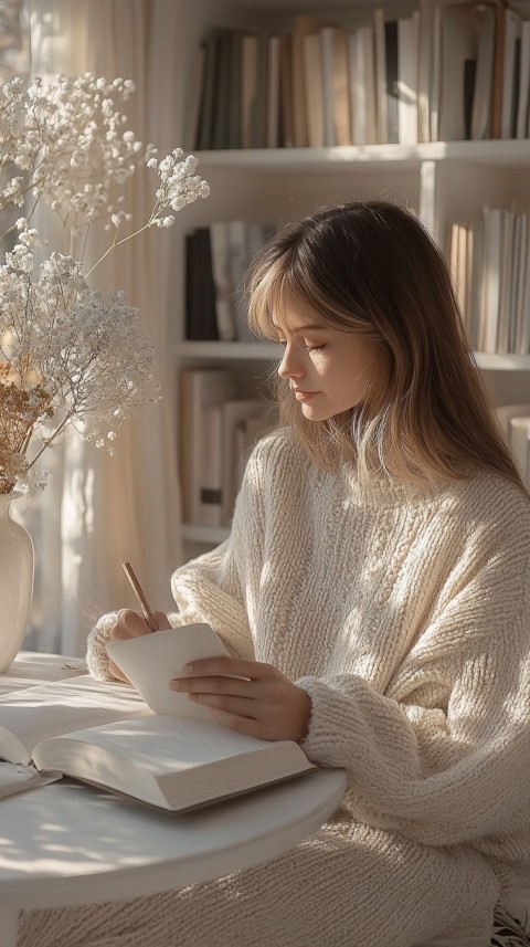 Woman’s Hands Writing on an Open Notebook on a White Desk – Cozy Feminine Blogger Aesthetic (381)