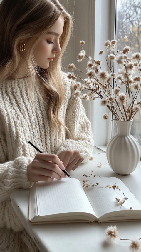 Woman’s Hands Writing on an Open Notebook on a White Desk – Cozy Feminine Blogger Aesthetic (371)