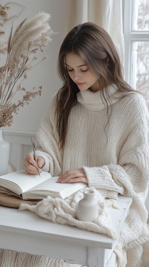 Woman’s Hands Writing on an Open Notebook on a White Desk – Cozy Feminine Blogger Aesthetic (388)