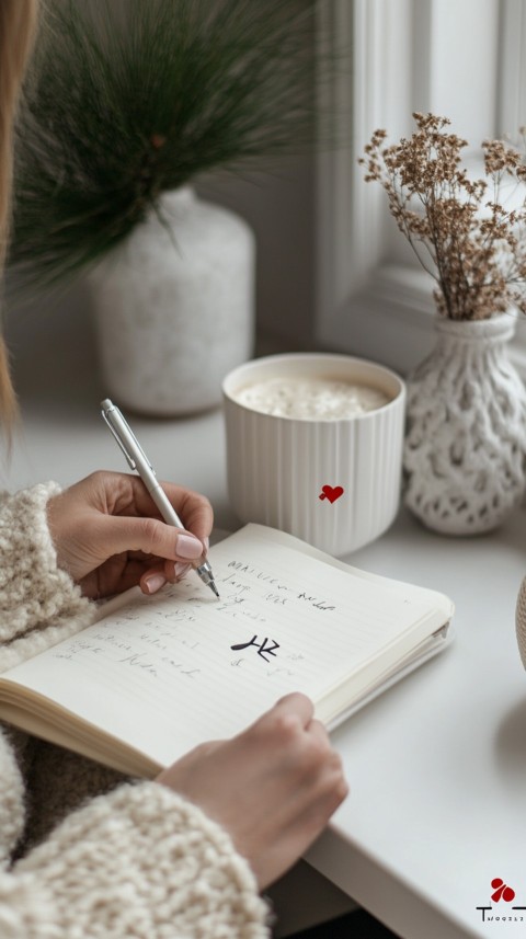 Woman’s Hands Writing on an Open Notebook on a White Desk – Cozy Feminine Blogger Aesthetic (450)