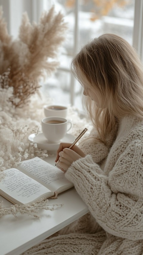 Woman’s Hands Writing on an Open Notebook on a White Desk – Cozy Feminine Blogger Aesthetic (426)