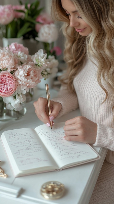 Woman’s Hands Writing on an Open Notebook on a White Desk – Cozy Feminine Blogger Aesthetic (403)