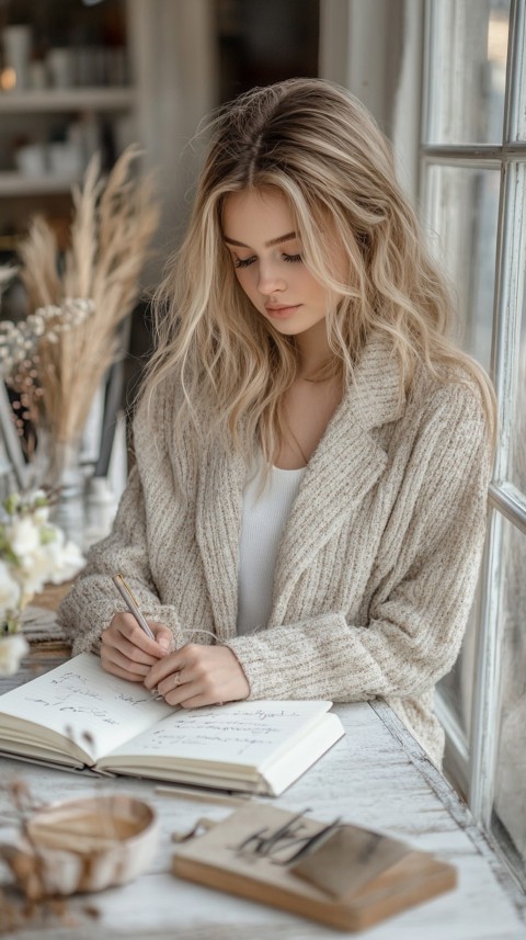 Woman’s Hands Writing on an Open Notebook on a White Desk – Cozy Feminine Blogger Aesthetic (410)