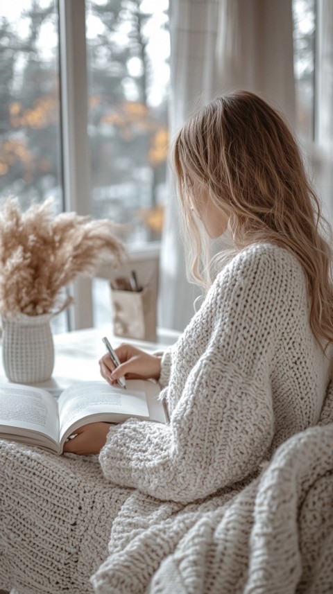 Woman’s Hands Writing on an Open Notebook on a White Desk – Cozy Feminine Blogger Aesthetic (443)