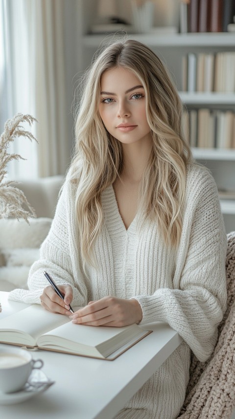 Woman’s Hands Writing on an Open Notebook on a White Desk – Cozy Feminine Blogger Aesthetic (438)