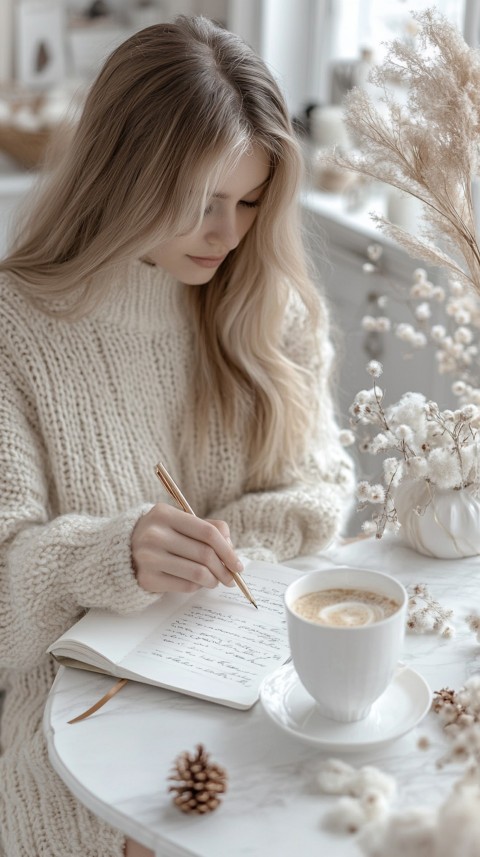 Woman’s Hands Writing on an Open Notebook on a White Desk – Cozy Feminine Blogger Aesthetic (431)