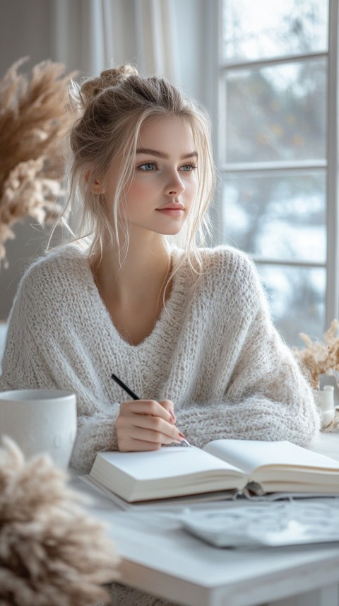 Woman’s Hands Writing on an Open Notebook on a White Desk – Cozy Feminine Blogger Aesthetic (418)