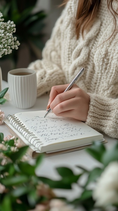 Woman’s Hands Writing on an Open Notebook on a White Desk – Cozy Feminine Blogger Aesthetic (420)