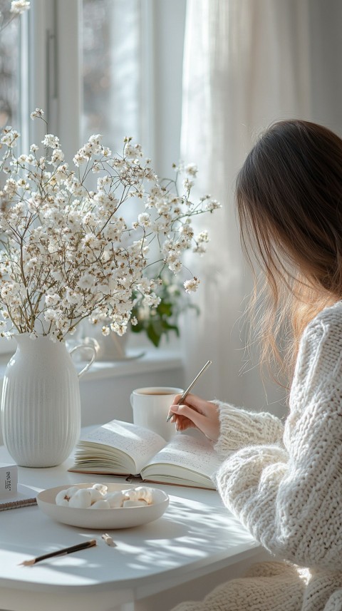 Woman’s Hands Writing on an Open Notebook on a White Desk – Cozy Feminine Blogger Aesthetic (412)