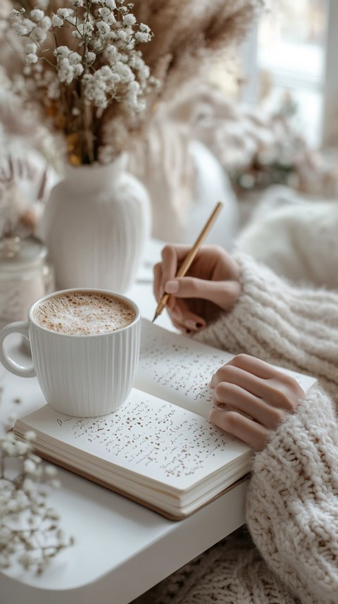 Woman’s Hands Writing on an Open Notebook on a White Desk – Cozy Feminine Blogger Aesthetic (464)