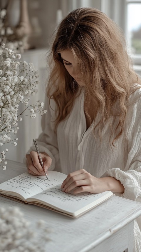 Woman’s Hands Writing on an Open Notebook on a White Desk – Cozy Feminine Blogger Aesthetic (472)