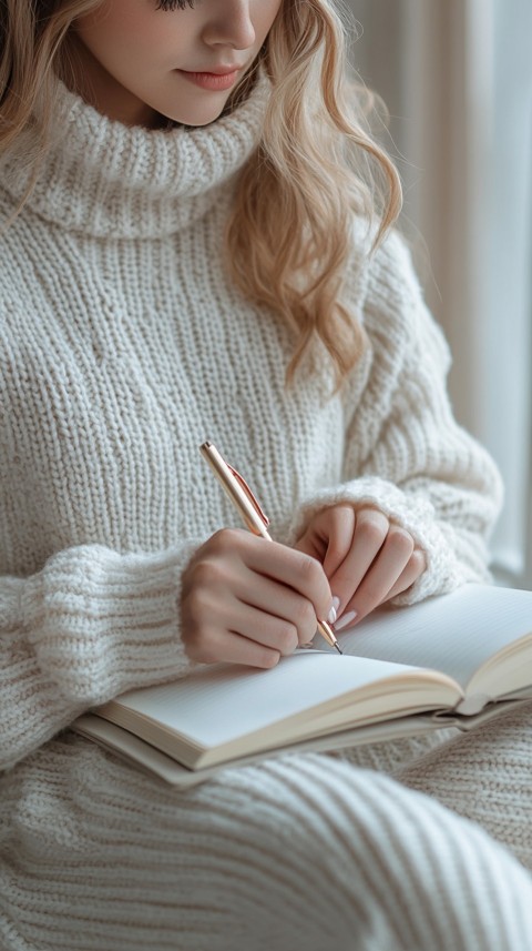 Woman’s Hands Writing on an Open Notebook on a White Desk – Cozy Feminine Blogger Aesthetic (496)