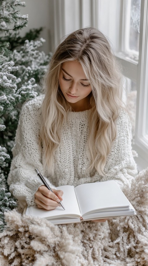 Woman’s Hands Writing on an Open Notebook on a White Desk – Cozy Feminine Blogger Aesthetic (477)