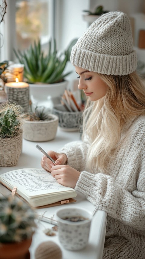 Woman’s Hands Writing on an Open Notebook on a White Desk – Cozy Feminine Blogger Aesthetic (490)