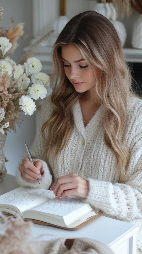 Woman’s Hands Writing on an Open Notebook on a White Desk – Cozy Feminine Blogger Aesthetic (460)