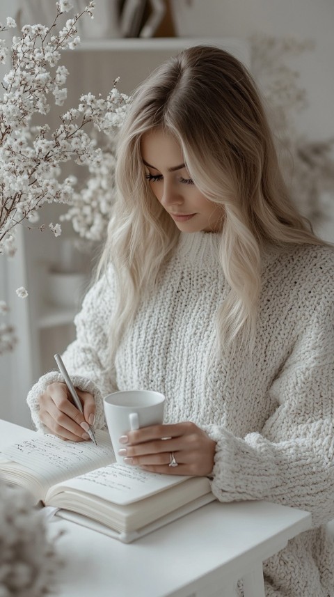 Woman’s Hands Writing on an Open Notebook on a White Desk – Cozy Feminine Blogger Aesthetic (483)