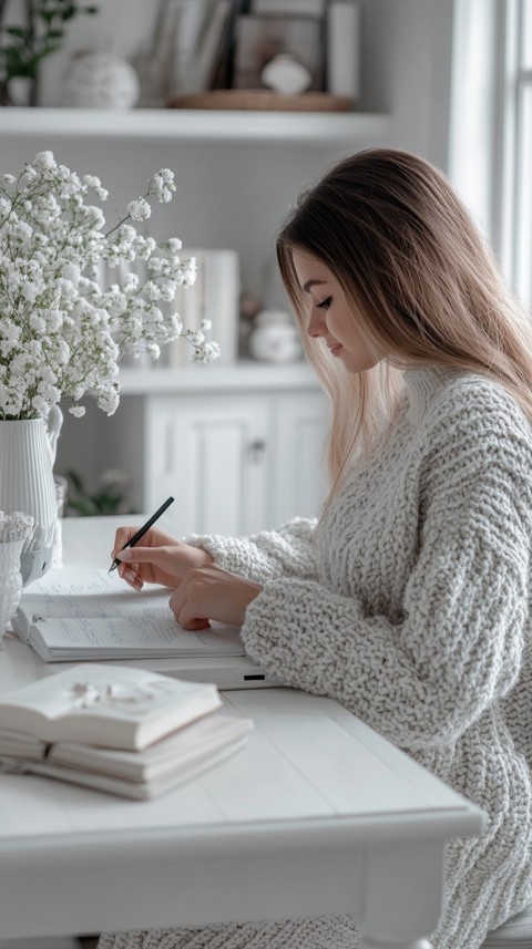 Woman’s Hands Writing on an Open Notebook on a White Desk – Cozy Feminine Blogger Aesthetic (470)