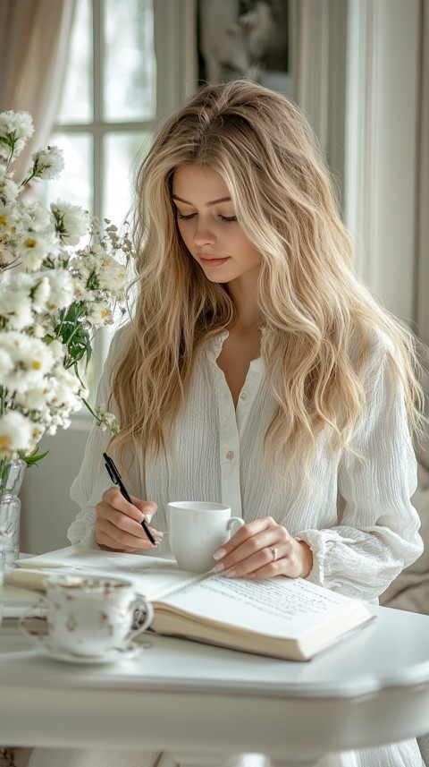 Woman’s Hands Writing on an Open Notebook on a White Desk – Cozy Feminine Blogger Aesthetic (481)