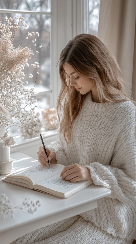 Woman’s Hands Writing on an Open Notebook on a White Desk – Cozy Feminine Blogger Aesthetic (480)