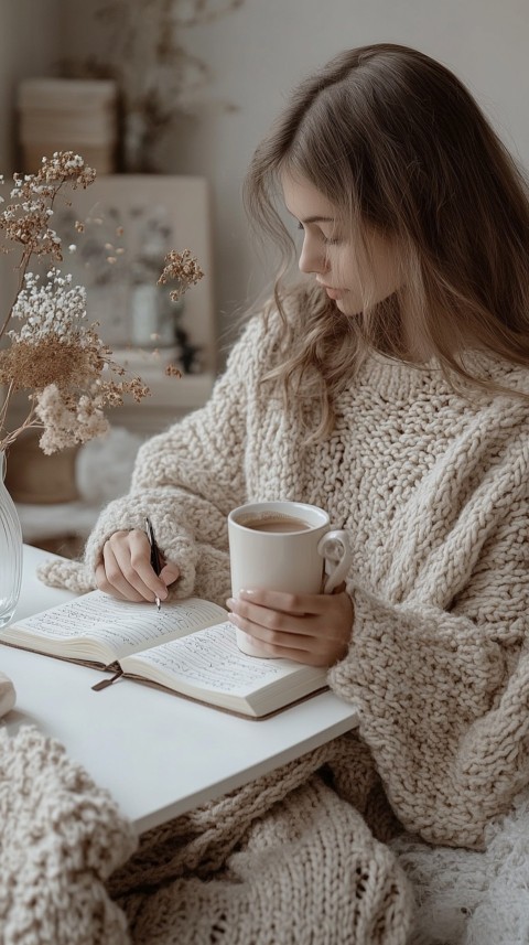 Woman’s Hands Writing on an Open Notebook on a White Desk – Cozy Feminine Blogger Aesthetic (457)