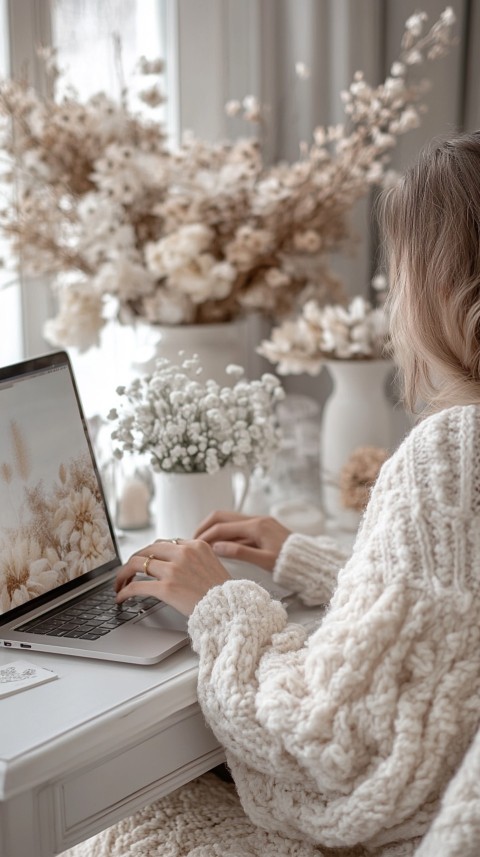 Hands Typing on a Laptop on a White Desk with Minimal Decoration – Cozy Feminine Blogger Aesthetic (8)