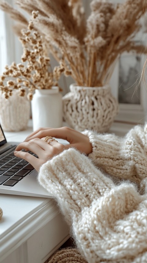 Hands Typing on a Laptop on a White Desk with Minimal Decoration – Cozy Feminine Blogger Aesthetic (6)