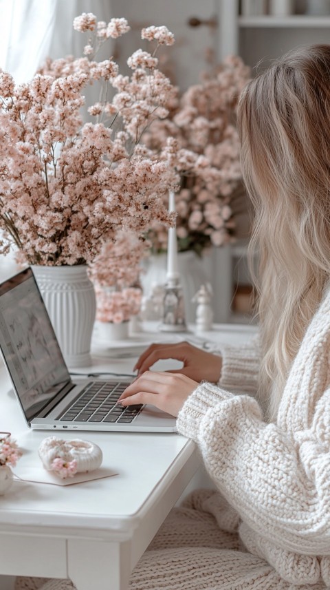 Hands Typing on a Laptop on a White Desk with Minimal Decoration – Cozy Feminine Blogger Aesthetic (19)